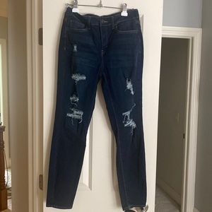 SO high rise dark wash distressed skinny jeans